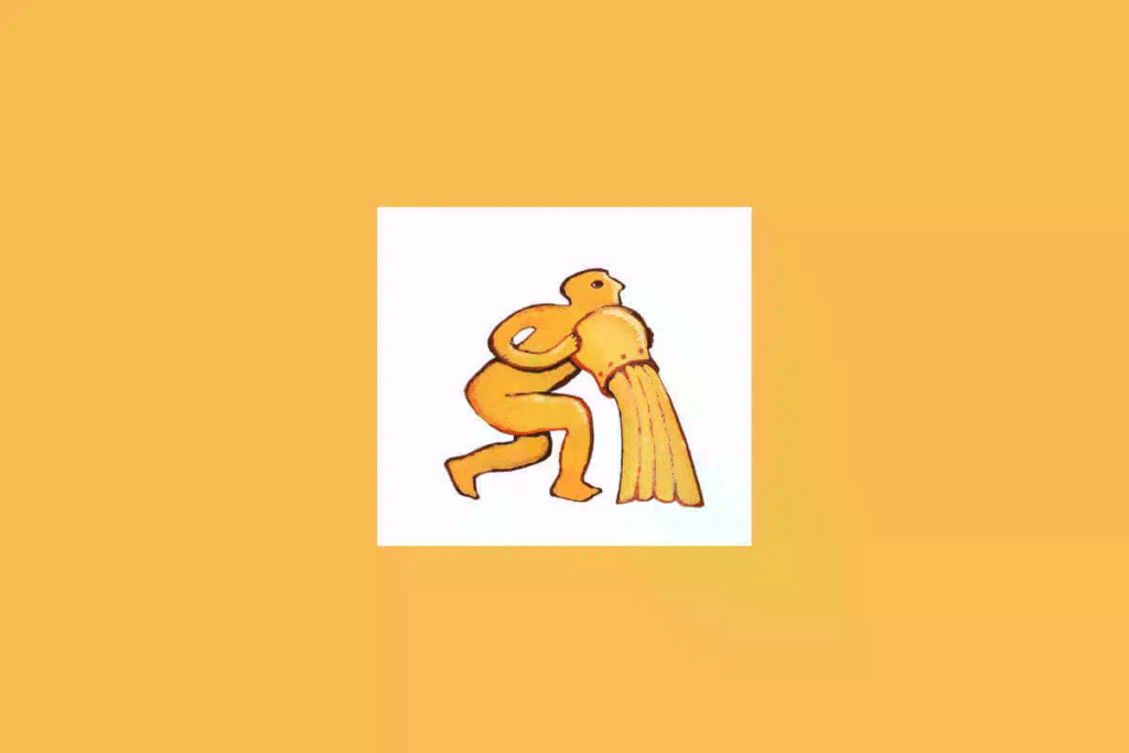 Uma ilustração simples de um jarro com água ou ondas, representando o signo de Aquário, sobre um fundo claro cercado por um tom alaranjado 