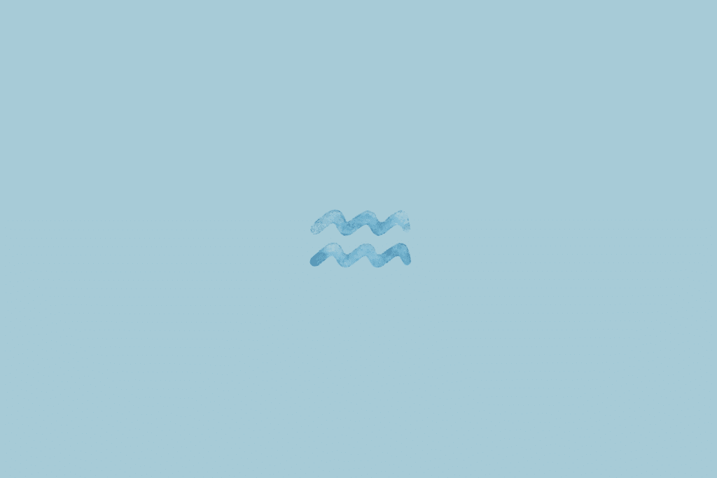 Fundo liso em azul-claro. No centro aparece o símbolo de Aquário, formado por duas linhas onduladas paralelas, em azul.