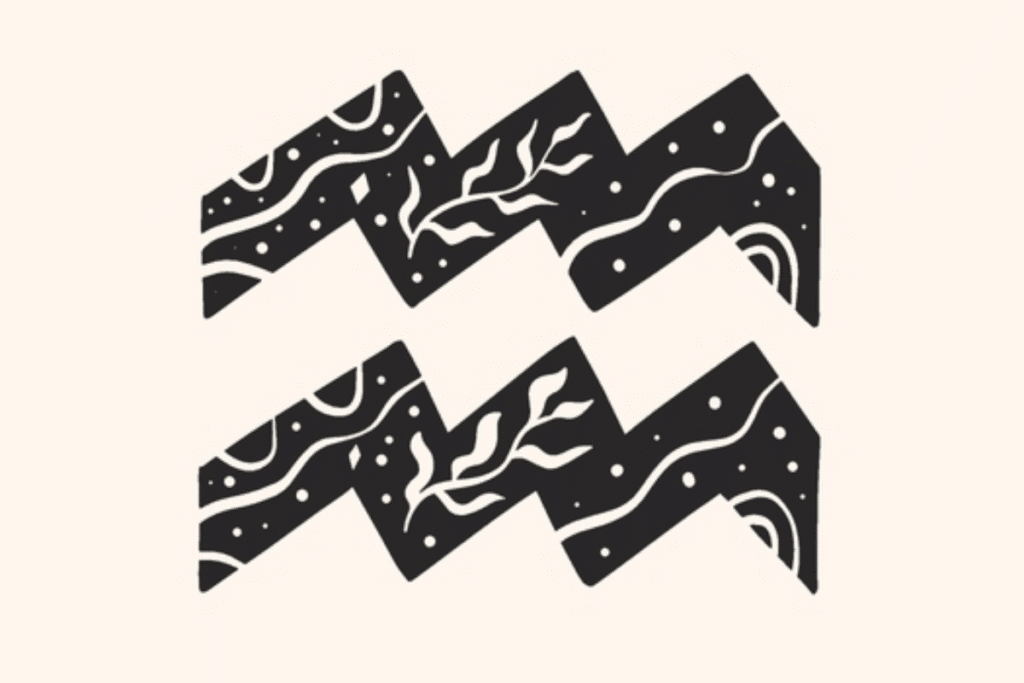 A imagem apresenta o símbolo do signo de aquário em preto, centralizado sobre um fundo claro. O ícone é decorado com folhagens, pequenos pontos, formas solares e detalhes celestes, criando uma estética mística e delicada.