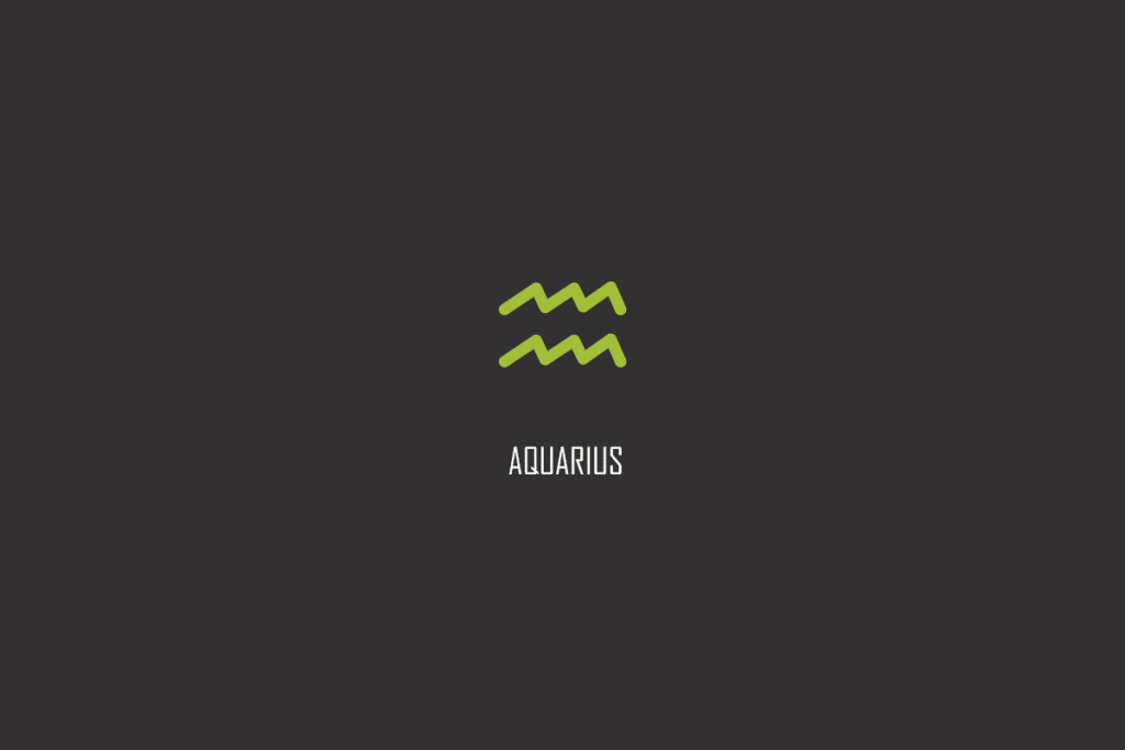 Símbolo verde de Aquário com o nome AQUARIUS escrito abaixo, sobre fundo cinza escuro
