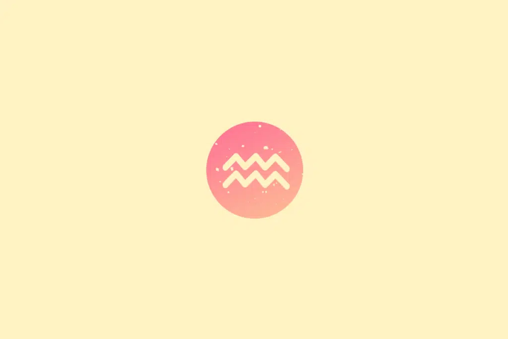 Ilustração minimalista do signo de Aquário, representado pelo símbolo de duas linhas onduladas em tom creme, sobre um círculo em degradê de rosa e roxo. Pequenos pontos remetem a estrelas, enquanto o fundo é amarelo-claro.