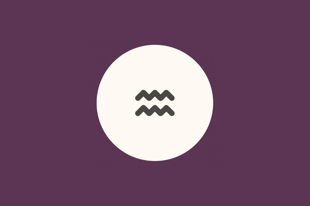 Ilustração minimalista do símbolo do signo de Aquário em tom cinza-escuro, centralizado dentro de um círculo branco sobre fundo roxo-fechado