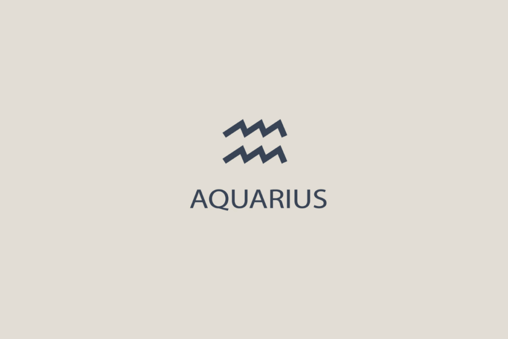 Símbolo minimalista do signo de Aquário em tom cinza-escuro sobre fundo bege claro, com a palavra "AQUARIUS" escrita abaixo em letras maiúsculas