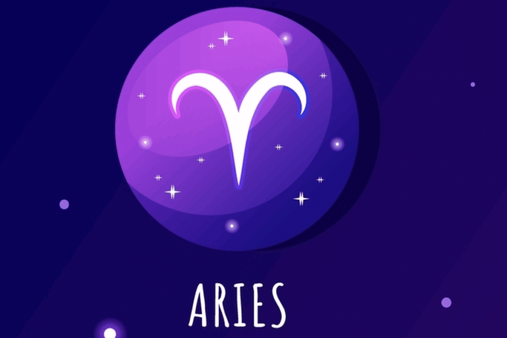 Ilustração do símbolo de Áries em branco, sobre um círculo em tons de roxo e azul, decorado com pequenas estrelas. A palavra “Aries” aparece abaixo.