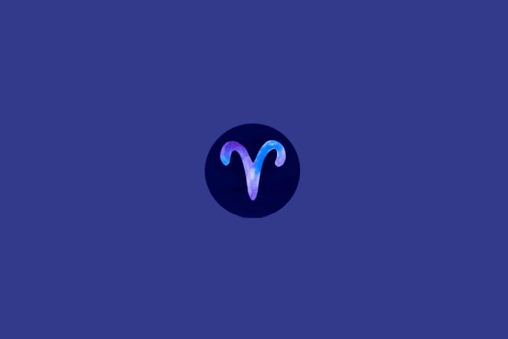 Símbolo do signo de Áries em tons de roxo e azul em círculo azul escuro, em fundo azul.