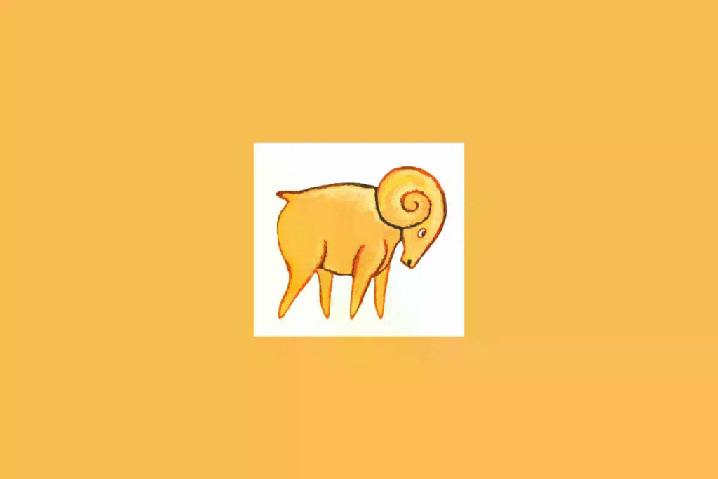 Uma ilustração simples de um carneiro com chifres em espiral, representando o signo de Áries, sobre um fundo claro cercado por um tom alaranjado