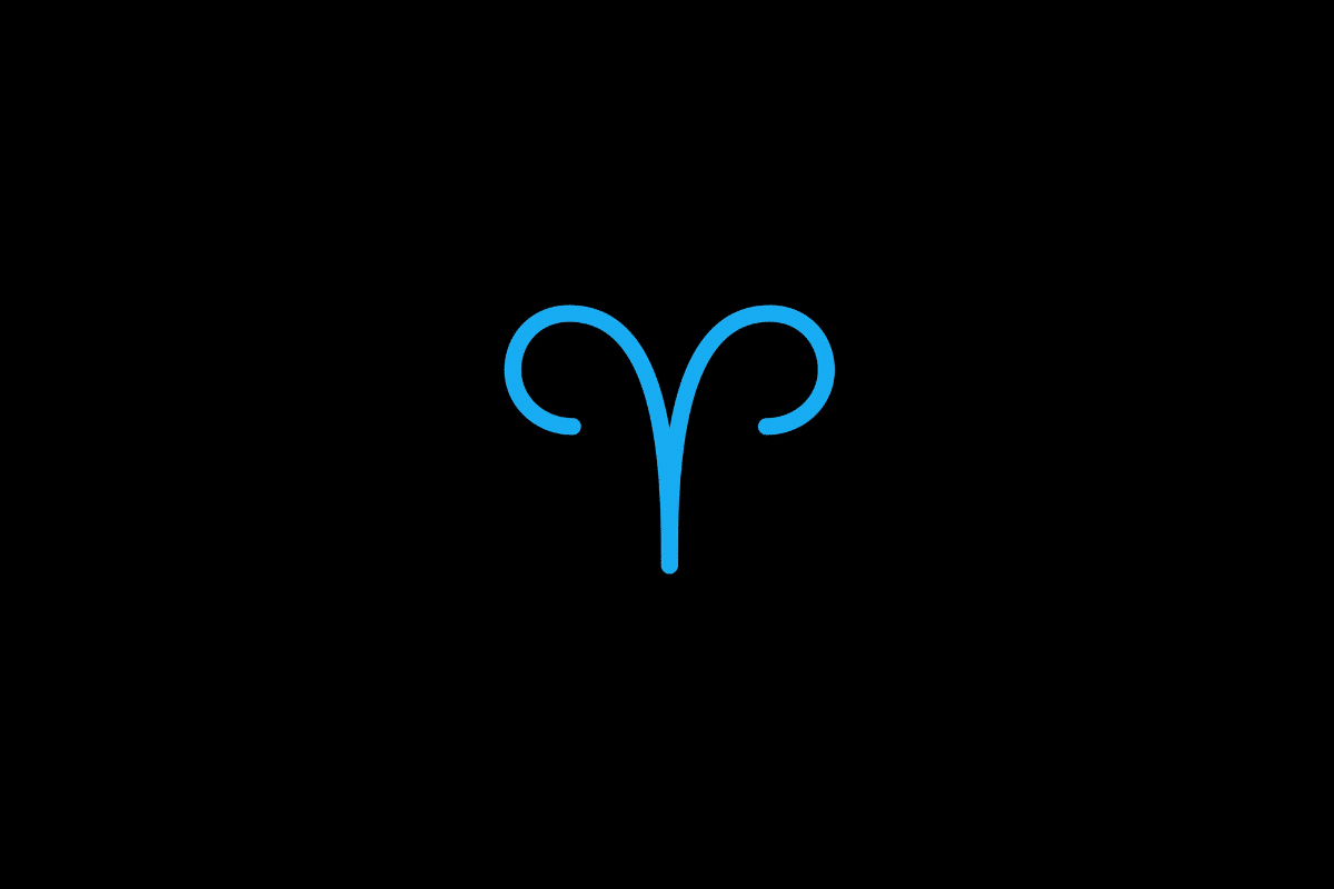 Símbolo do signo de Áries em tom azul-claro, centralizado sobre um fundo preto