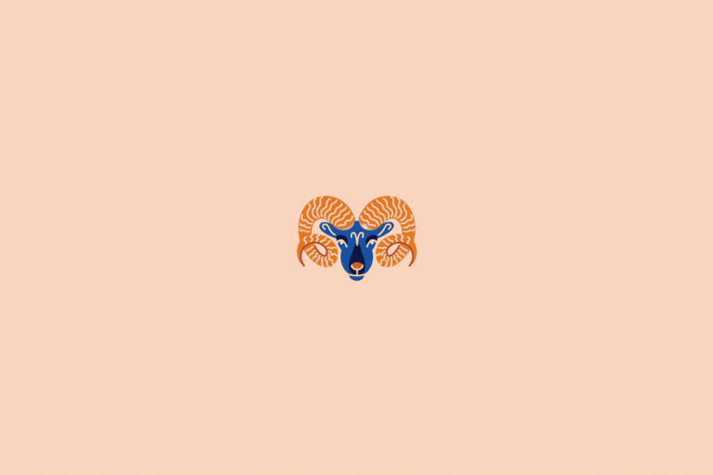 Ilustração de um carneiro estilizado, representando o signo de Áries, em tons de azul e laranja sobre fundo pêssego.