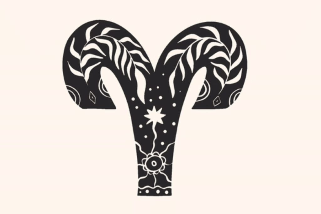 A imagem apresenta o símbolo do signo de áries em preto, centralizado sobre um fundo claro. O ícone é decorado com folhagens, pequenos pontos, formas solares e detalhes celestes, criando uma estética mística e delicada.