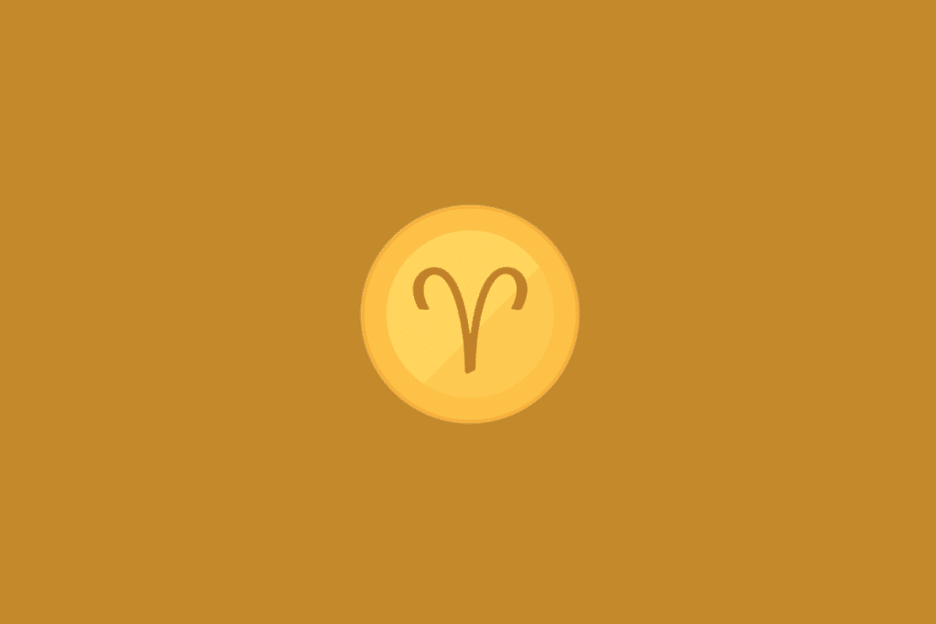 Ilustração minimalista do signo de Áries, com o símbolo astrológico em tom marrom-dourado no centro de um círculo amarelo, sobre fundo uniforme em tom mostarda.