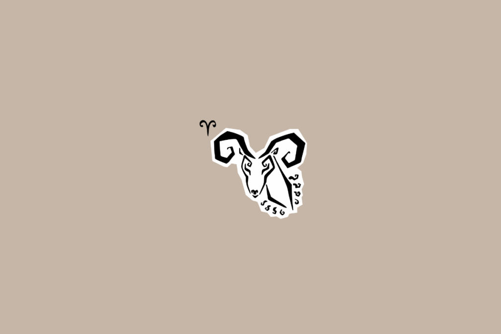 Ilustração de um carneiro, representando o signo de Áries, com chifres curvados sobre fundo bege