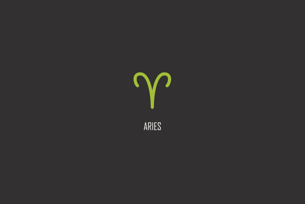 Símbolo verde de Áries com o nome ARIES escrito abaixo, sobre fundo cinza escuro