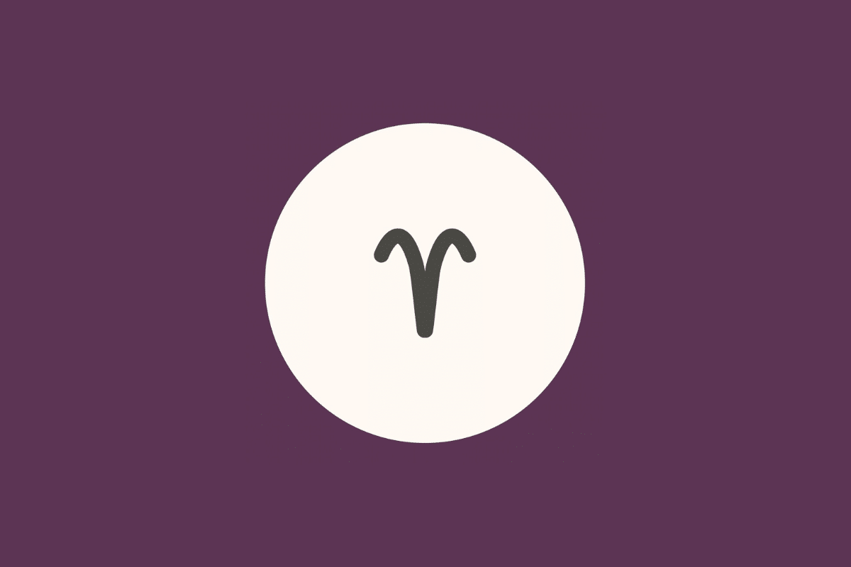 Ilustração minimalista do símbolo do signo de Áries em tom cinza-escuro, centralizado dentro de um círculo branco sobre fundo roxo-fechado