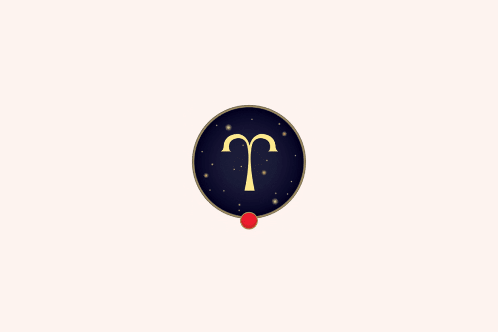 Ilustração do símbolo dourado do signo de Áries em destaque central sobre um fundo circular azul-marinho estrelado, com uma pequena gema vermelha na parte inferior e fundo geral bege-claro