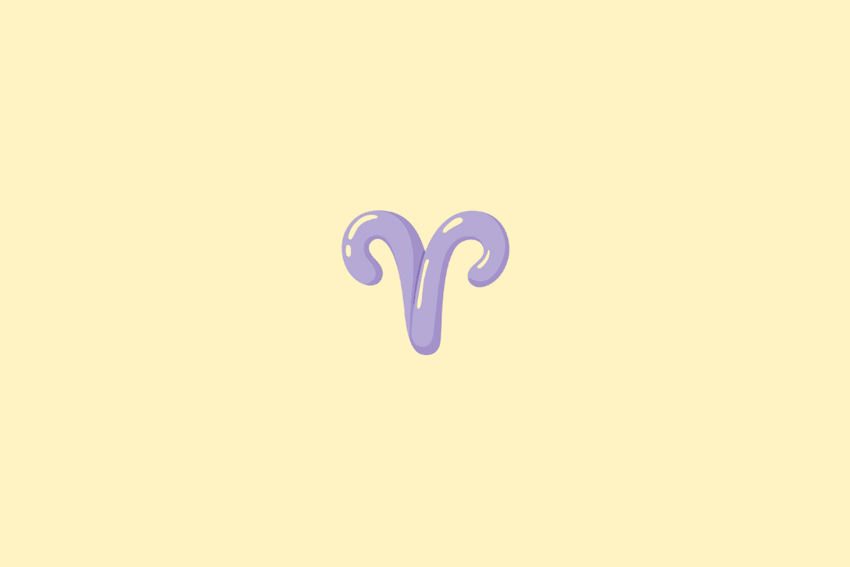 Ilustração do símbolo do signo de Áries, representado por dois arcos curvos que formam o desenho característico dos chifres, em tom lilás, sobre um fundo amarelo-claro.
