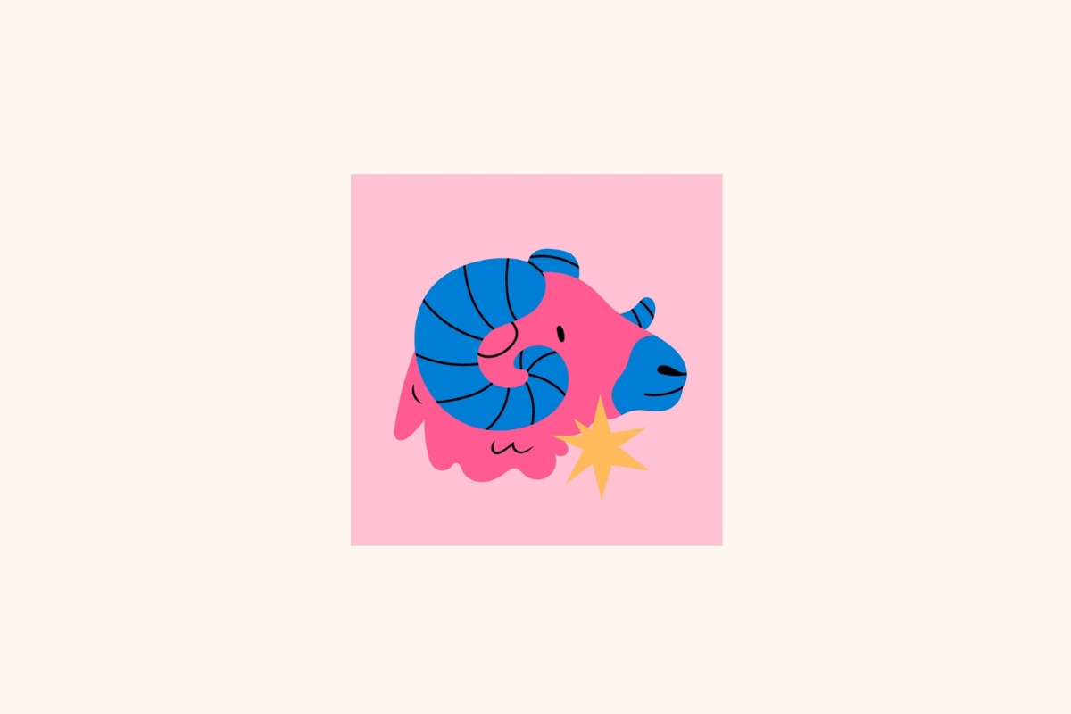 Uma ilustração centralizada do signo de Áries, com uma cabeça de carneiro rosa-choque e chifres espiralados azuis-cobalto, em um quadrado rosa-pálido no centro de um fundo creme. O carneiro tem um focinho azul e uma pequena estrela dourada abaixo do focinho