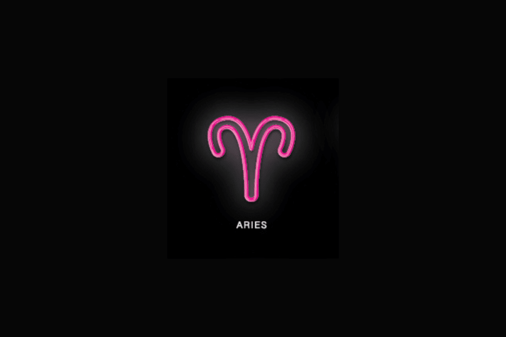 Sobre um fundo preto, o símbolo do signo de Áries é exibido em estilo néon cor-de-rosa brilhante, acompanhado pela palavra "ARIES" escrita em letras maiúsculas brancas na parte inferior