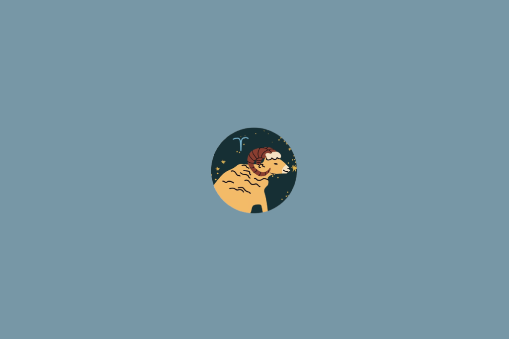 Ilustração circular de um carneiro em tons de bege e marrom, com chifres destacados. O símbolo de Áries aparece ao lado, sobre um fundo azul-escuro estrelado.