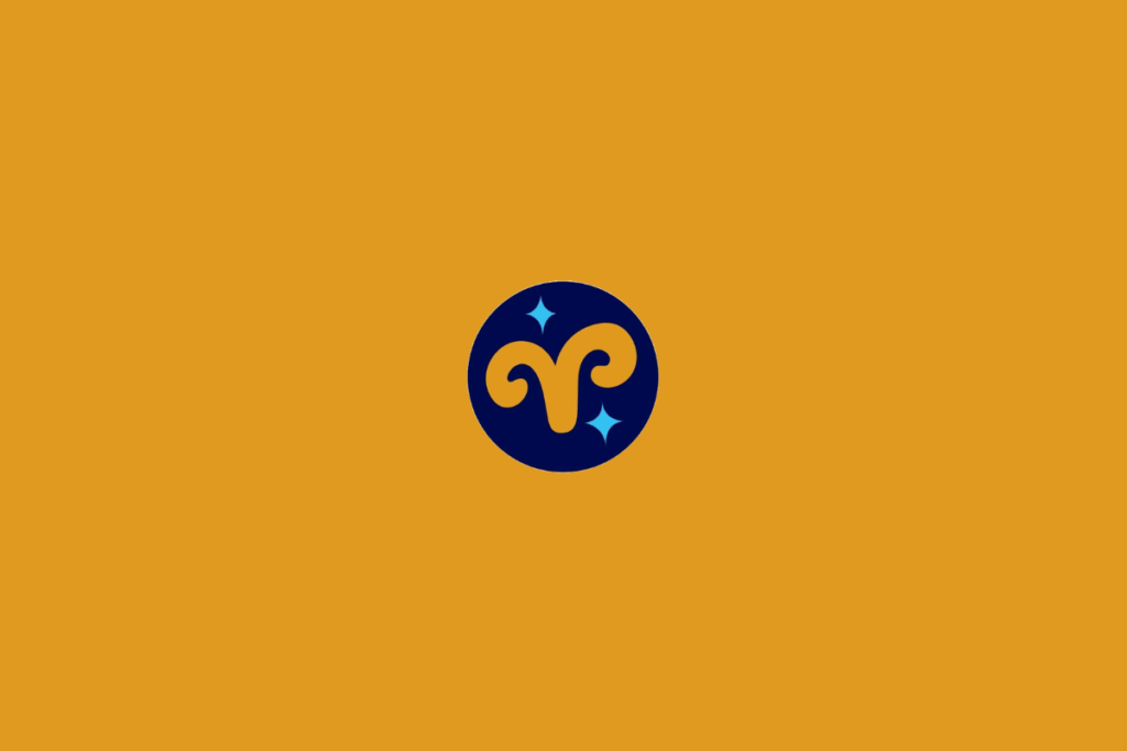 Ilustração estilizada do símbolo de Áries em amarelo-dourado, com duas curvas que lembram chifres. O símbolo está centralizado dentro de um círculo azul-marinho, acompanhado por pequenas estrelas azul-claro. O fundo é laranja.