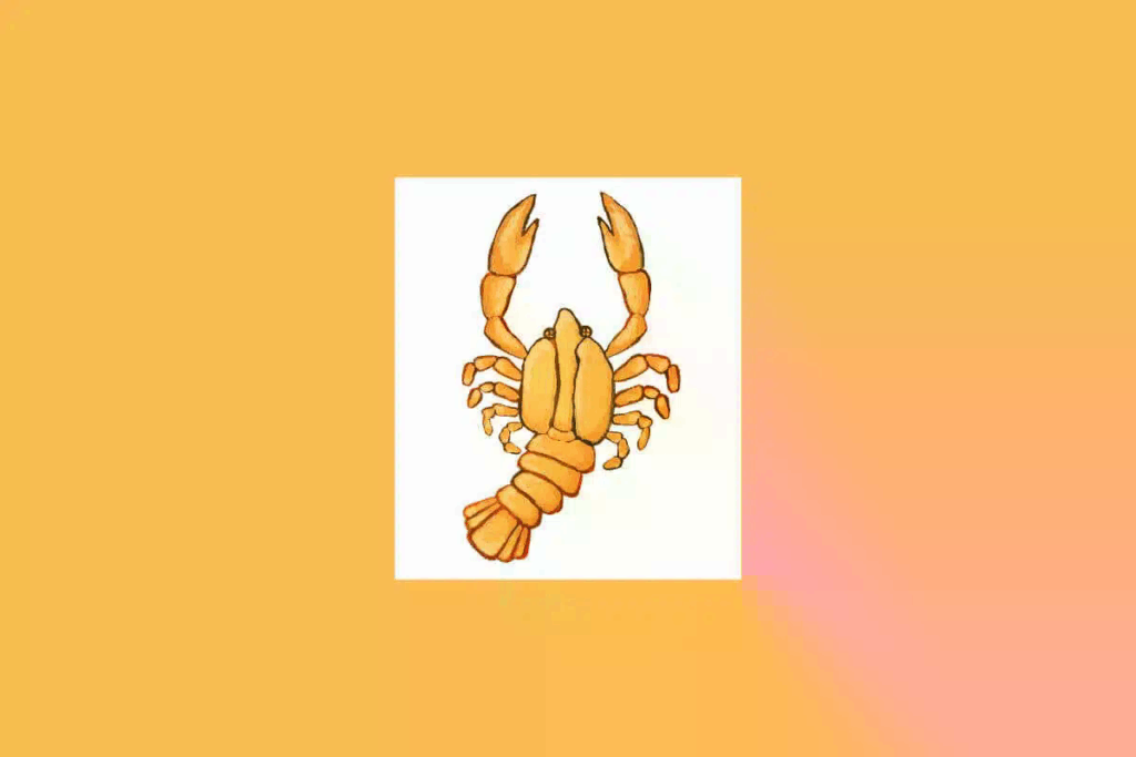 Uma ilustração simples de um caranguejo, representando o signo de Câncer, sobre um fundo claro cercado por um tom alaranjado 