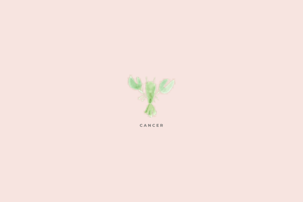 Fundo liso rosa-claro/pastel. No centro aparece uma ilustração em aquarela que representa Câncer, com formato semelhante a um caranguejo estilizado. O desenho é predominantemente verde-claro, com pequenas variações de verde e detalhes suaves. Abaixo está escrito “CANCER”, em letras maiúsculas cinza, espaçadas.