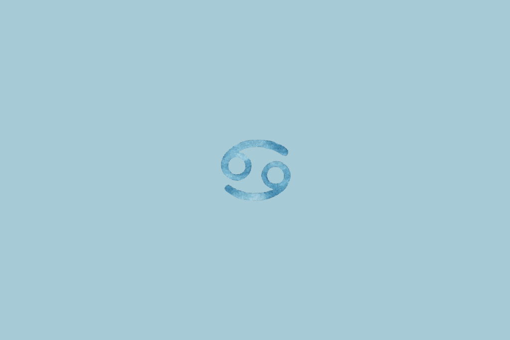 Fundo liso em azul-claro. No centro aparece o símbolo de Câncer, formado por duas curvas arredondadas que se conectam nas extremidades, em azul.