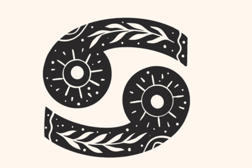 A imagem apresenta o símbolo do signo de câncer em preto, centralizado sobre um fundo claro. O ícone é decorado com folhagens, pequenos pontos, formas solares e detalhes celestes, criando uma estética mística e delicada.