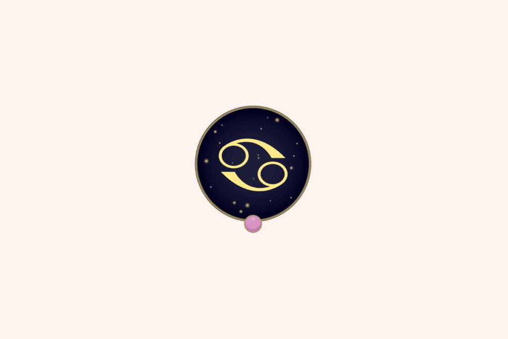 Ilustração do símbolo dourado do signo de Câncer em destaque central sobre um fundo circular azul-marinho estrelado, com uma pequena gema lilás na parte inferior e fundo geral bege-claro