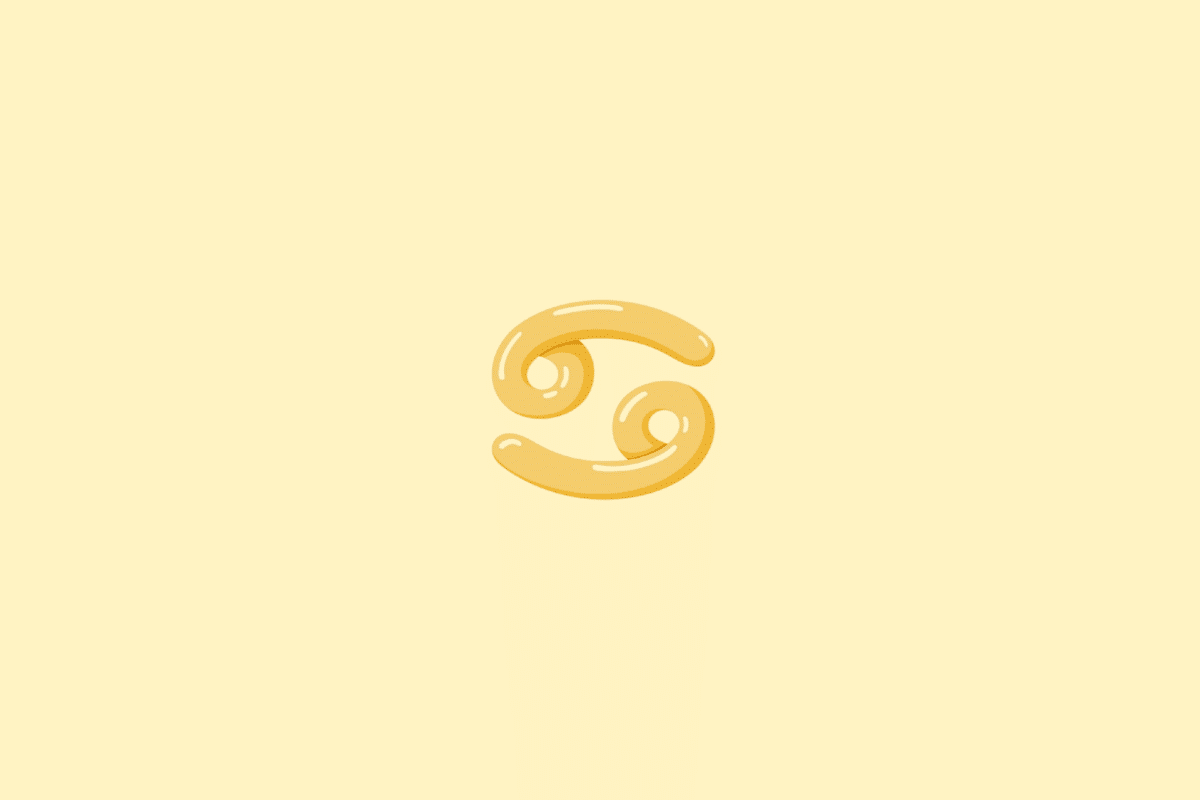 Ilustração do símbolo do signo de Câncer, formado por duas curvas arredondadas que se entrelaçam, em tom amarelo-dourado, sobre um fundo amarelo-claro.