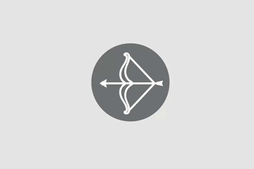 Ilustração do signo de Sagitário contendo um arco com flecha esticada, em fundo cinza