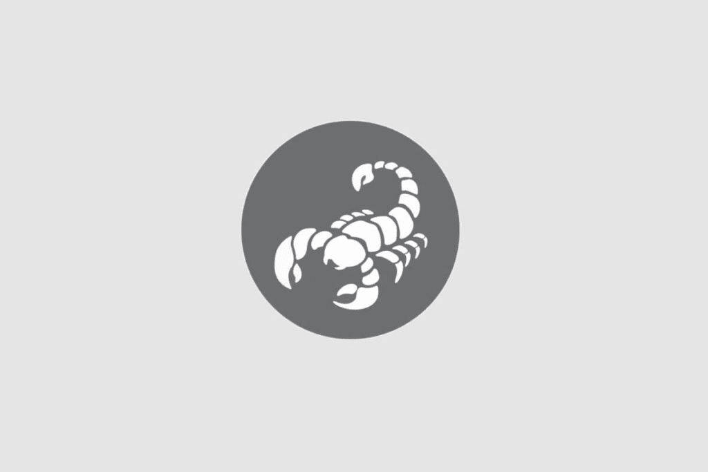 Ilustração do signo de Escorpião contendo um escorpião com cauda arqueada, em fundo cinza