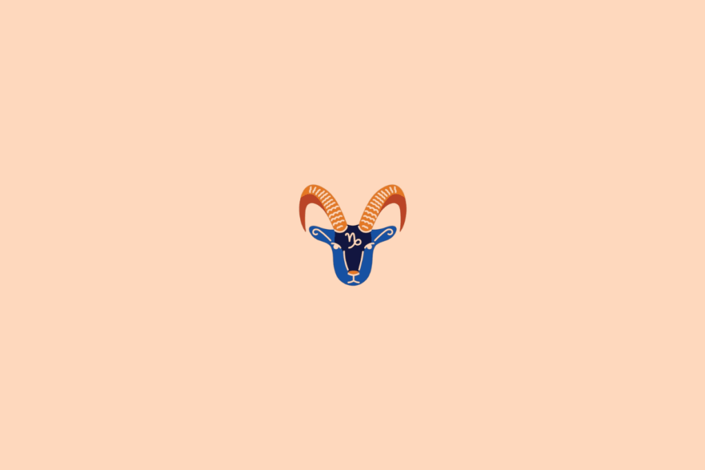 Ilustração de uma figura estilizada associada ao signo de Capricórnio, em tons de azul e laranja sobre fundo pêssego.