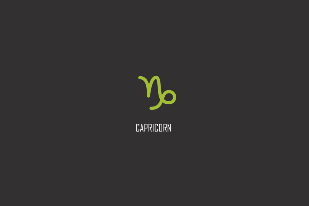 Símbolo verde de Capricórnio com o nome CAPRICORN escrito abaixo, sobre fundo cinza escuro