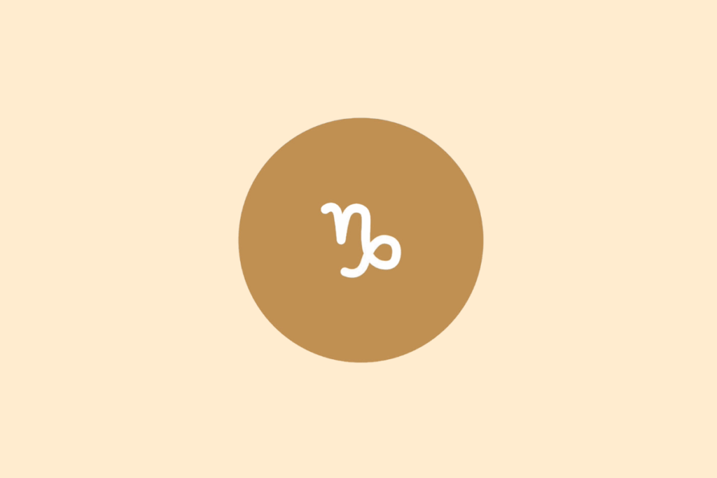 Ilustração do signo de Capricórnio em branco dentro de um círculo marrom, centralizado sobre fundo bege-claro