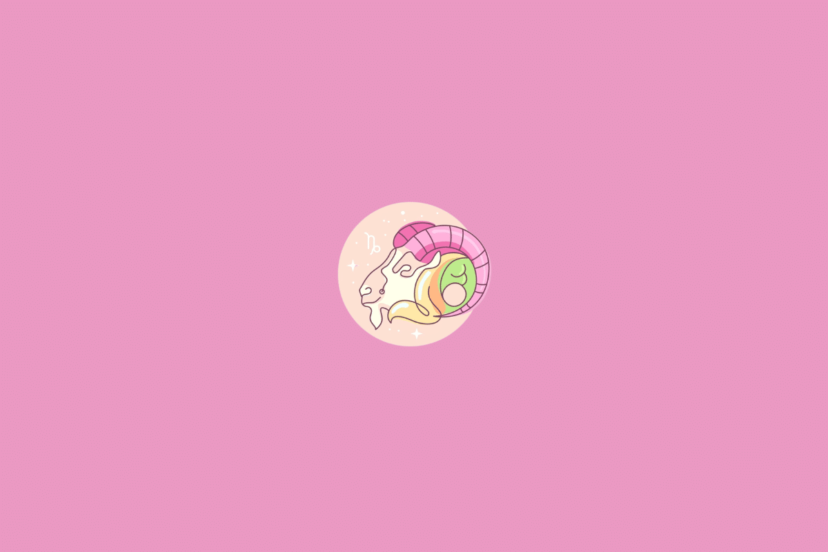 Ilustração minimalista do signo de Capricórnio, representado pelo símbolo estilizado do signo em tom creme. A figura aparece dentro de um círculo em degradê de rosa e lilás, com pequenos pontos decorativos sobre fundo amarelo-claro.