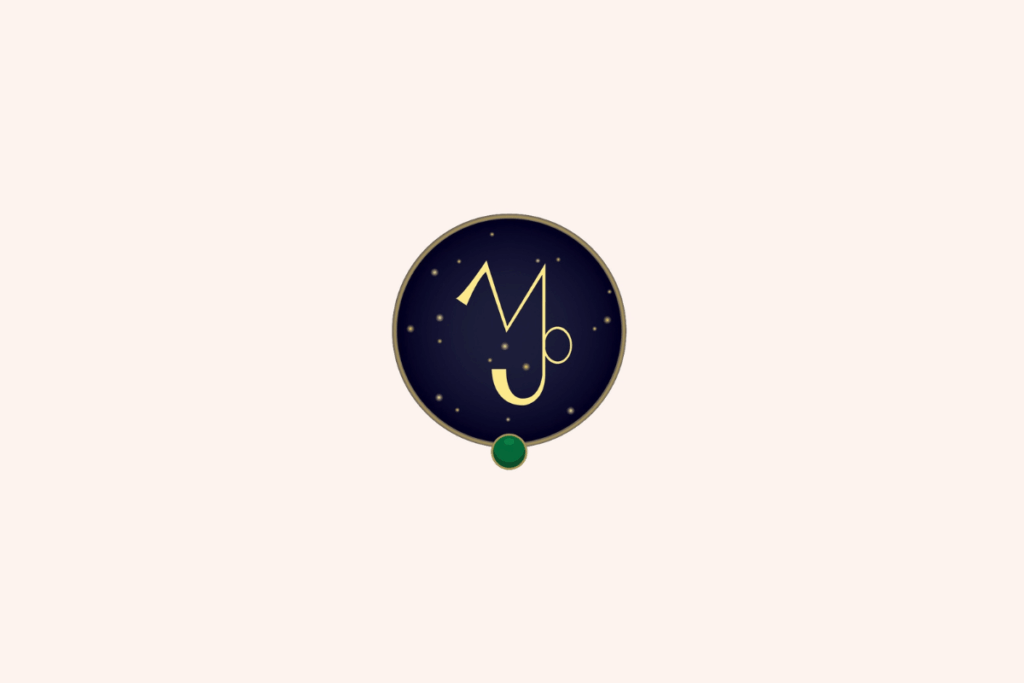 Ilustração do símbolo dourado do signo de Capricórnio em destaque central sobre um fundo circular azul-marinho estrelado, com uma pequena gema verde na parte inferior e fundo geral bege-claro