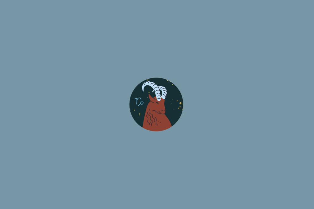 Ilustração circular de uma cabra em tons de marrom, com grandes chifres claros. O símbolo de Capricórnio aparece ao lado, sobre fundo azul-escuro com estrelas.
