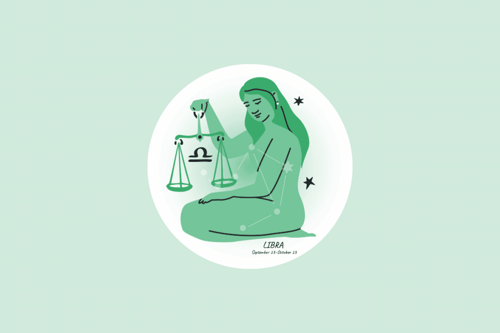 Ilustração minimalista de uma mulher em tons de verde sob círculo branco, representando a figura de Libra, segurando uma balança com a constelação sobreposta. Fundo verde-água