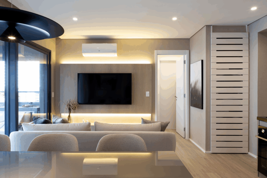 Uma sala de estar moderna e aconchegante, decorada em tons neutros e com iluminação indireta quente. O ambiente integra a área de estar, destacada por um painel de madeira com fitas de LED, TV plana e sofá claro, a uma sala de jantar em primeiro plano, evidenciada por cadeiras estofadas, uma mesa refletiva e uma luminária preta. À direita, um painel ripado branco, um quadro escuro e um corredor com porta entreaberta completam o espaço