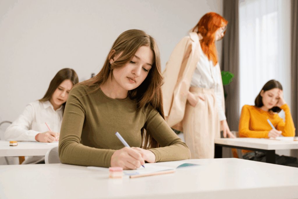 Estudante concentrada escrevendo durante prova em sala de aula iluminada, acompanhada por outros alunos e supervisora ao fundo