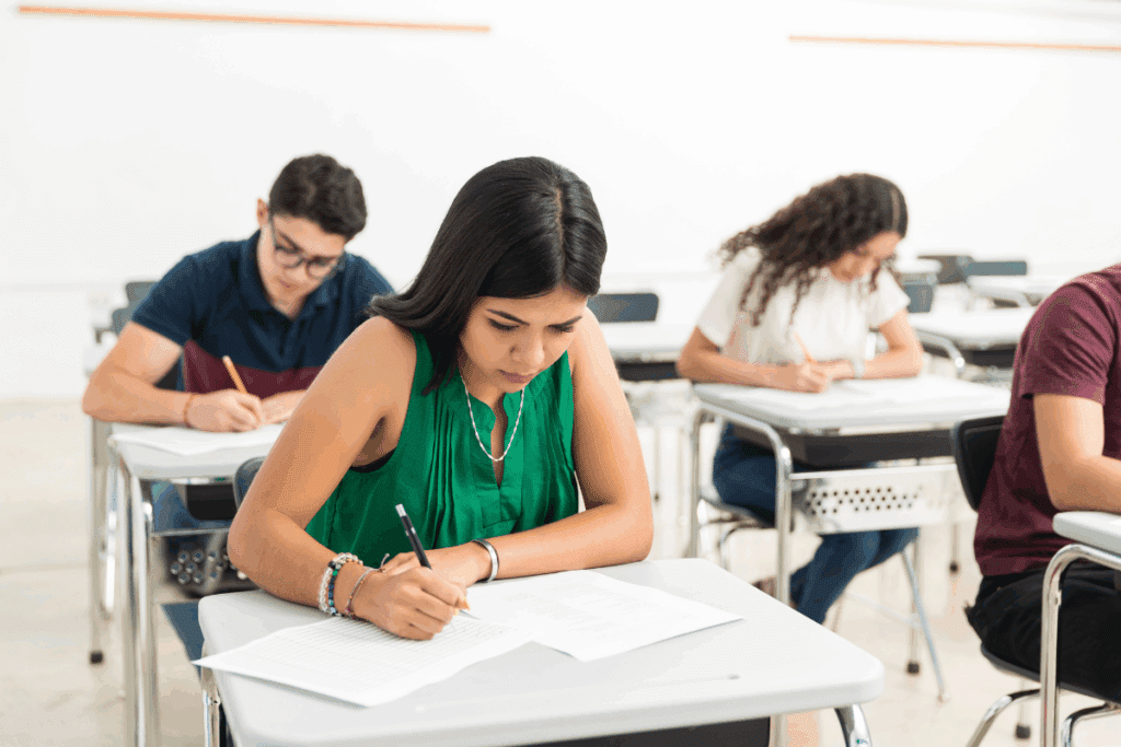 Estudantes estão sentados em carteiras individuais em uma sala de aula iluminada, concentrados enquanto fazem uma prova. Em primeiro plano, uma jovem de blusa verde sem mangas escreve em sua folha de exame com uma caneta. Ao fundo e ao seu lado, outros jovens também aparecem curvados sobre suas mesas, focados no teste