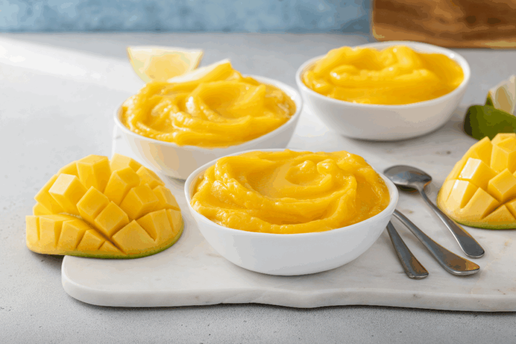 Creme de manga servido em três tigelas brancas, acompanhado de pedaços da fruta e limão sobre uma bancada clara.