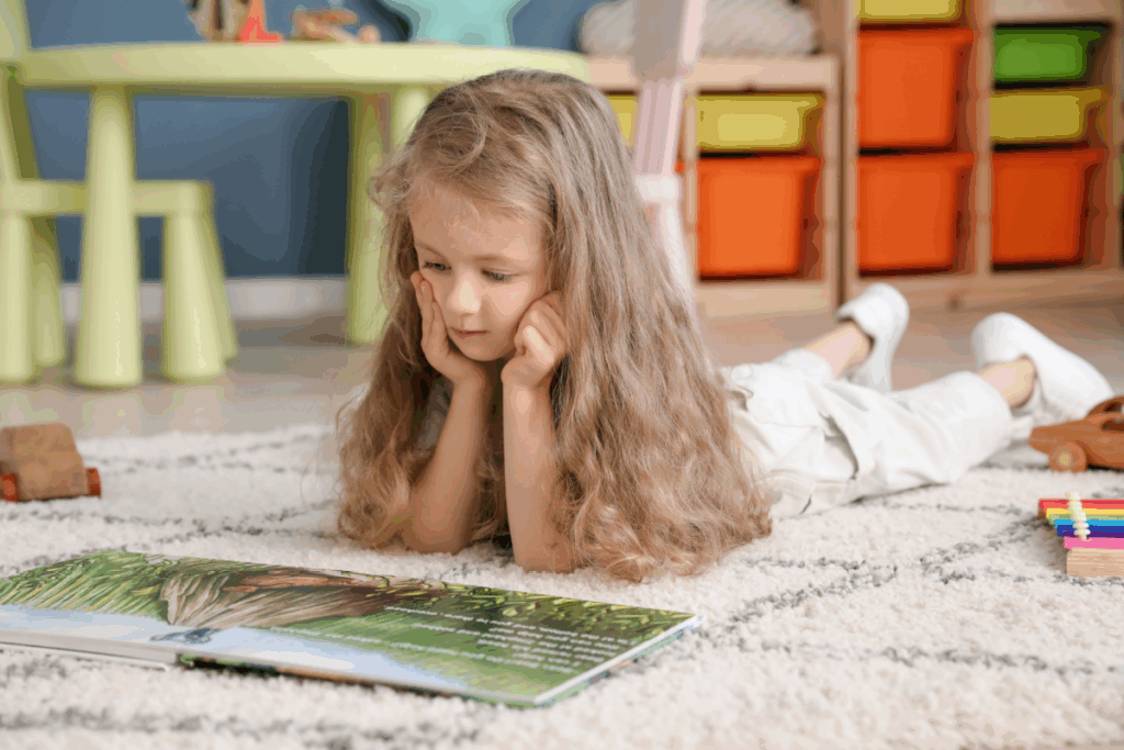 Menina com cabelo longo, usando roupas e sapatos claros deitada no chão em tapete lendo livro ilustrado