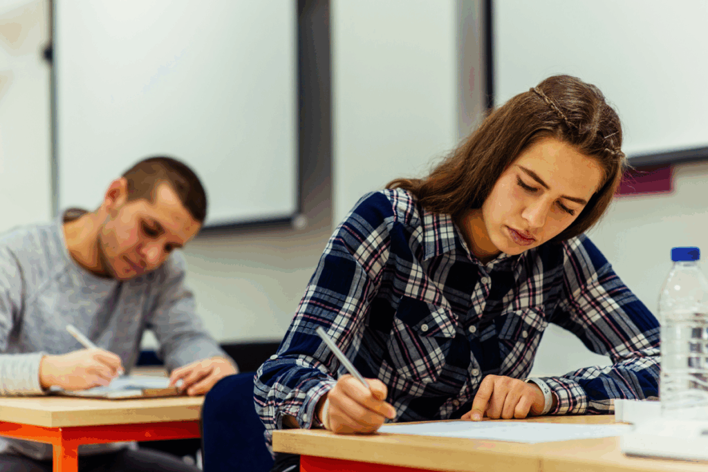Estudantes concentrados a realizar uma prova numa sala de aula, com uma jovem em primeiro plano a escrever no papel com uma caneta