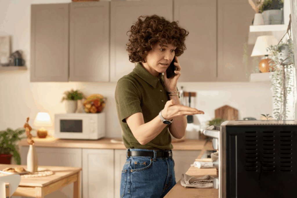 Mulher de cabelo cacheado em uma cozinha, falando ao celular com expressão preocupada e gesticulando em direção a um forno elétrico na bancada