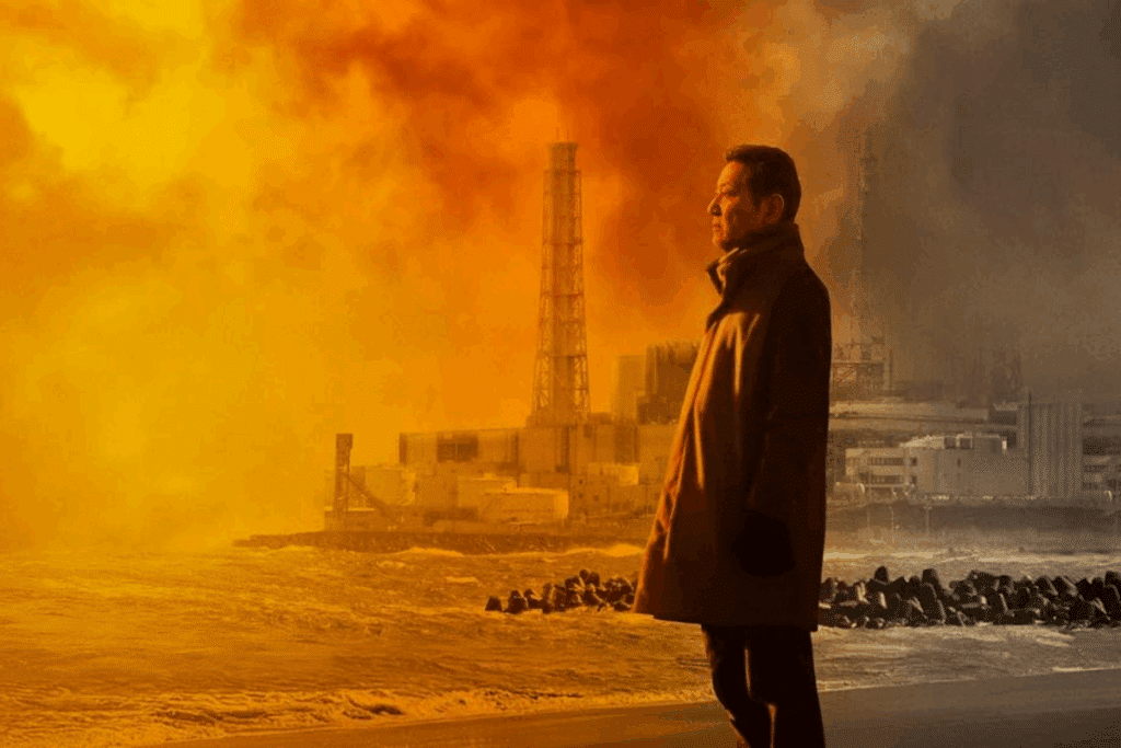 Imagem horizontal de um homem em pé diante do mar, observando uma paisagem industrial parcialmente coberta por uma densa nuvem alaranjada. Ao fundo, aparecem estruturas industriais, torres e prédios próximos à costa. A cena tem uma atmosfera dramática, com tons de laranja e cinza que reforçam a sensação de tensão e impacto ambiental.