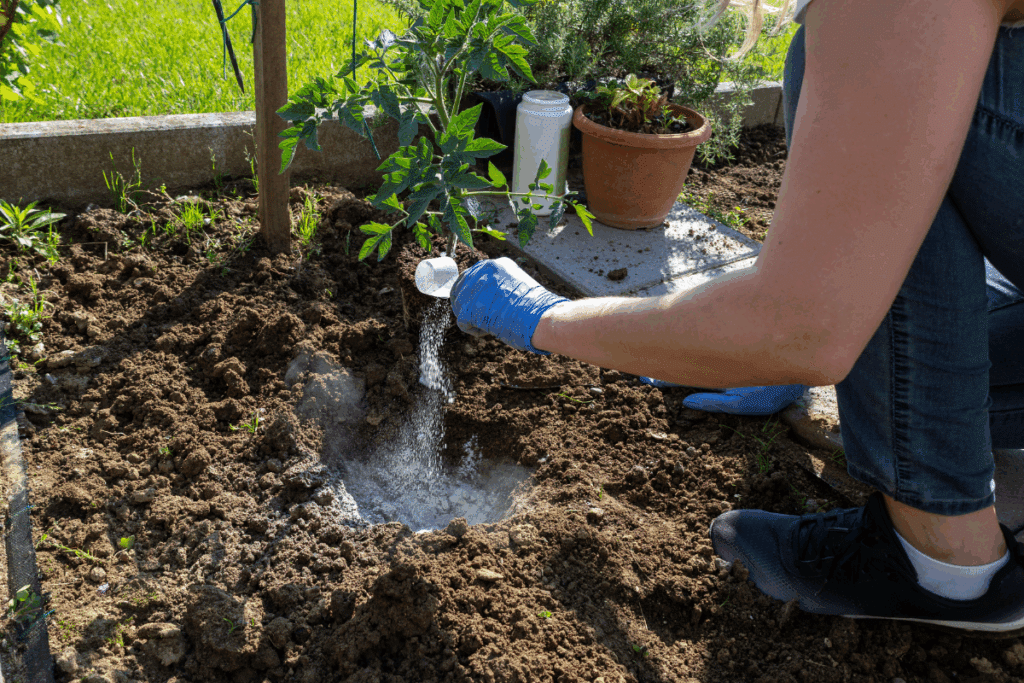 Pessoa usando luvas azuis e aplicando fertilizante em pó branco diretamente na terra ao redor de uma muda de tomateiro
