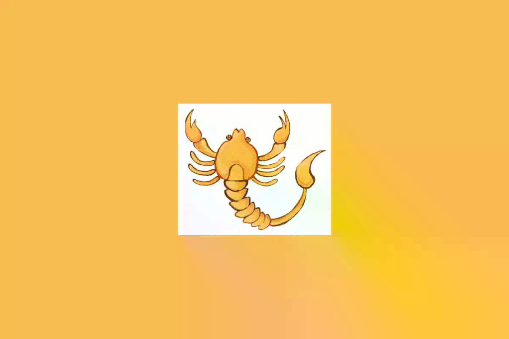 Uma ilustração simples de um escorpião, representando o signo de Escorpião, sobre um fundo claro cercado por um tom alaranjado 