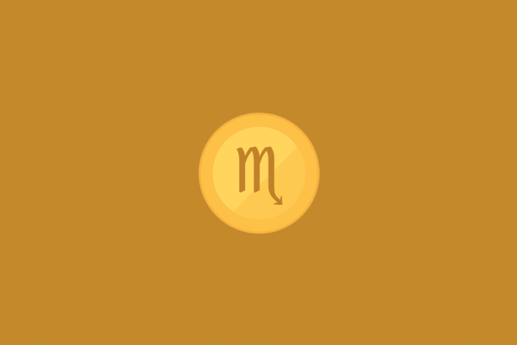 Ilustração minimalista do signo de Escorpião, com o símbolo astrológico em tom marrom-dourado no centro de um círculo amarelo, sobre fundo uniforme em tom mostarda.