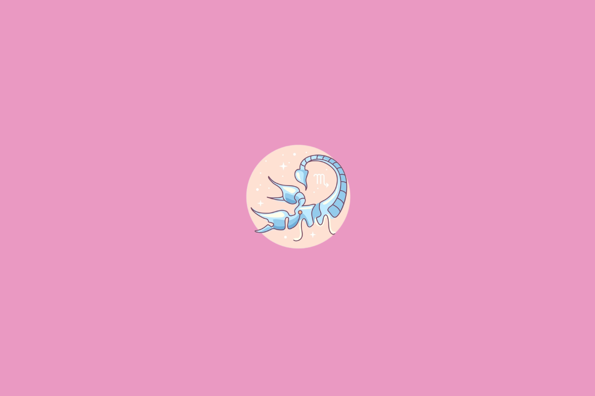 Ilustração minimalista do signo de Escorpião, representado pelo símbolo do signo em tom creme, com uma pequena seta na extremidade. O desenho está dentro de um círculo em degradê de rosa e lilás, sobre fundo amarelo-claro.